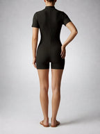 Verena Ribbed Zip Front Short Sleeve Playsuit in Black