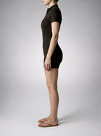 Verena Ribbed Zip Front Short Sleeve Playsuit in Black