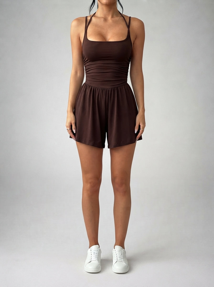 Odette Scoop Neck Ruched Waist Playsuit in Brown
