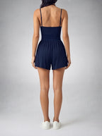 Odette Scoop Neck Ruched Waist Playsuit in Black