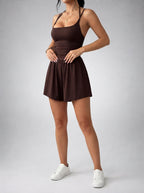 Odette Scoop Neck Ruched Waist Playsuit in Brown