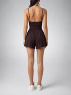 Odette Scoop Neck Ruched Waist Playsuit in Brown