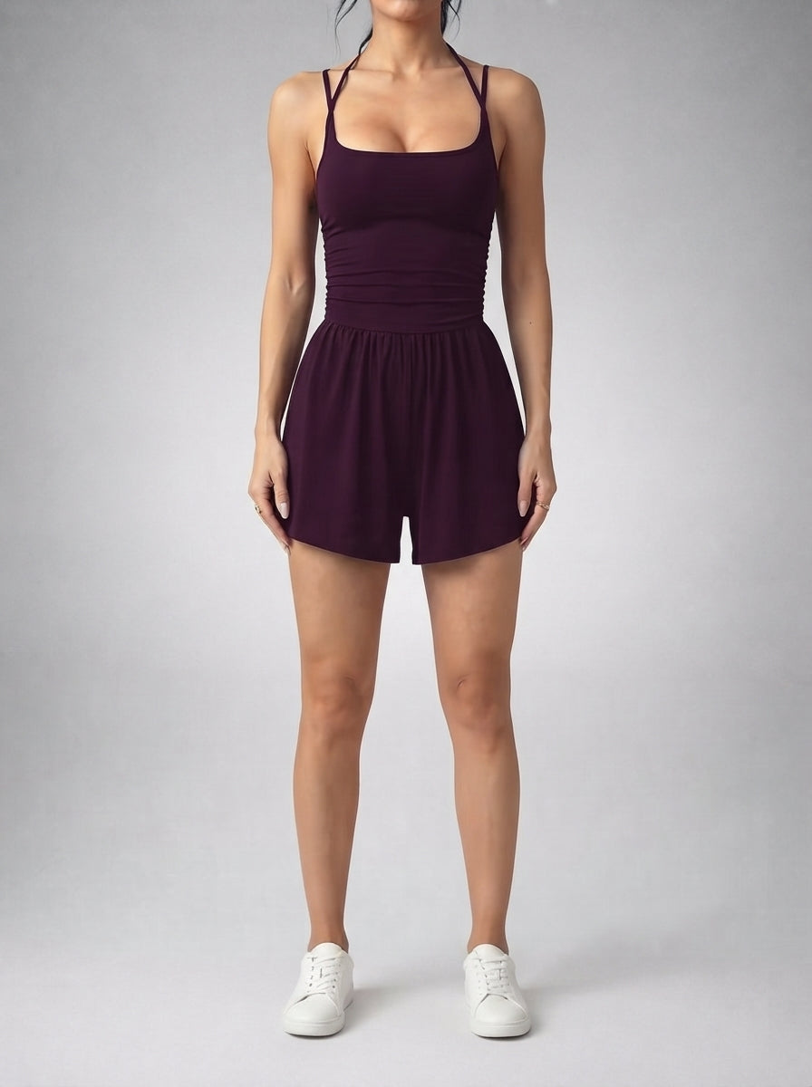 Genevieve Scoop Neck Strappy Back Playsuit in Burgundy