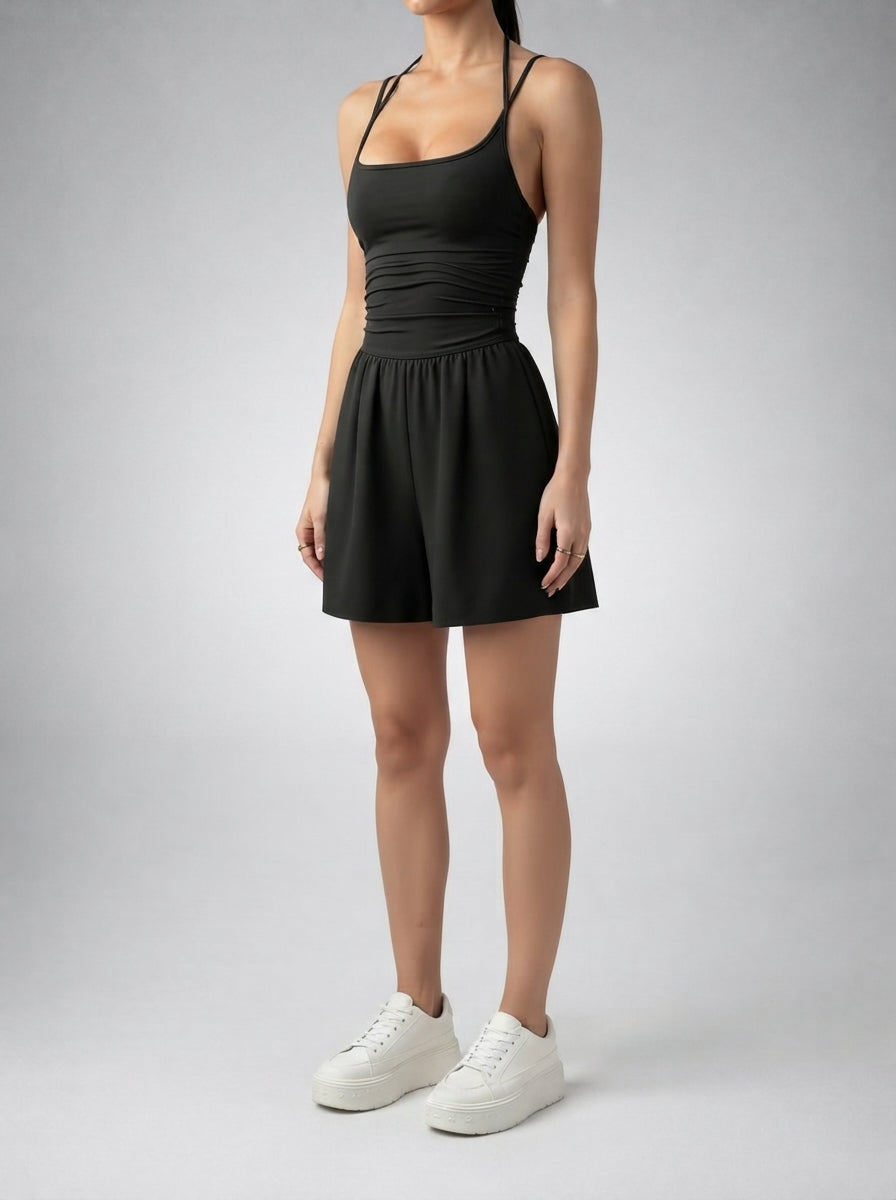 Genevieve Scoop Neck Strappy Back Playsuit in Black