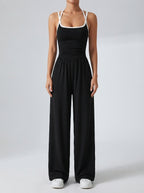 Isolde Square Neck Ruched Wide Leg Jumpsuit in Black