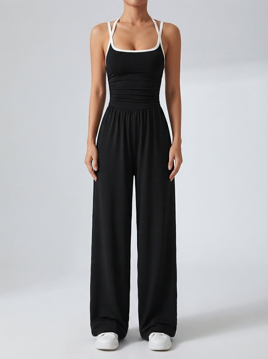 Isolde Square Neck Ruched Wide Leg Jumpsuit in Black
