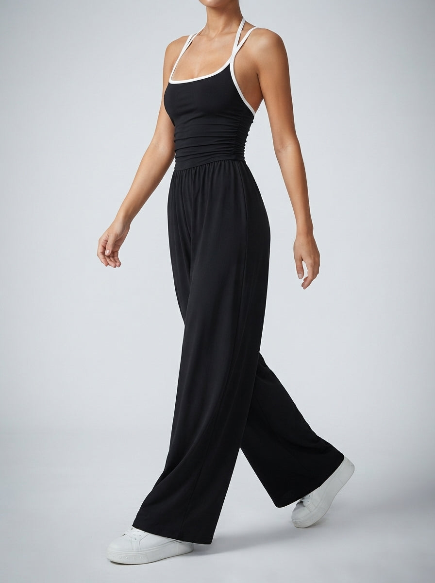 Isolde Square Neck Ruched Wide Leg Jumpsuit in Black