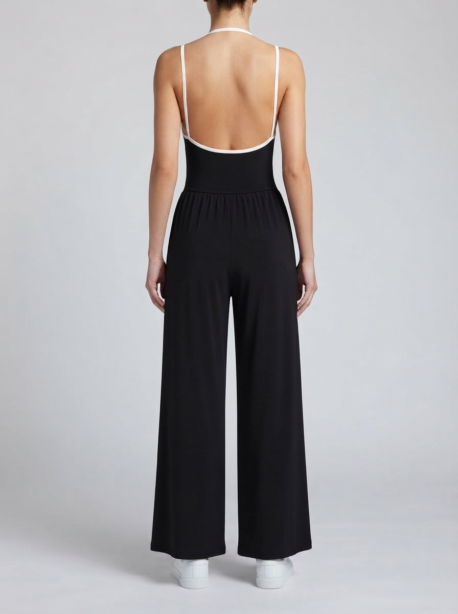 Isolde Square Neck Ruched Wide Leg Jumpsuit in Black