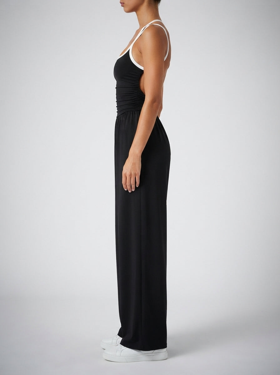 Isolde Square Neck Ruched Wide Leg Jumpsuit in Black