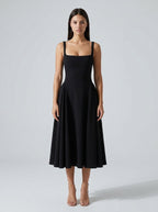 Romy Square Neck Sleeveless A Line Midi Dress in Black