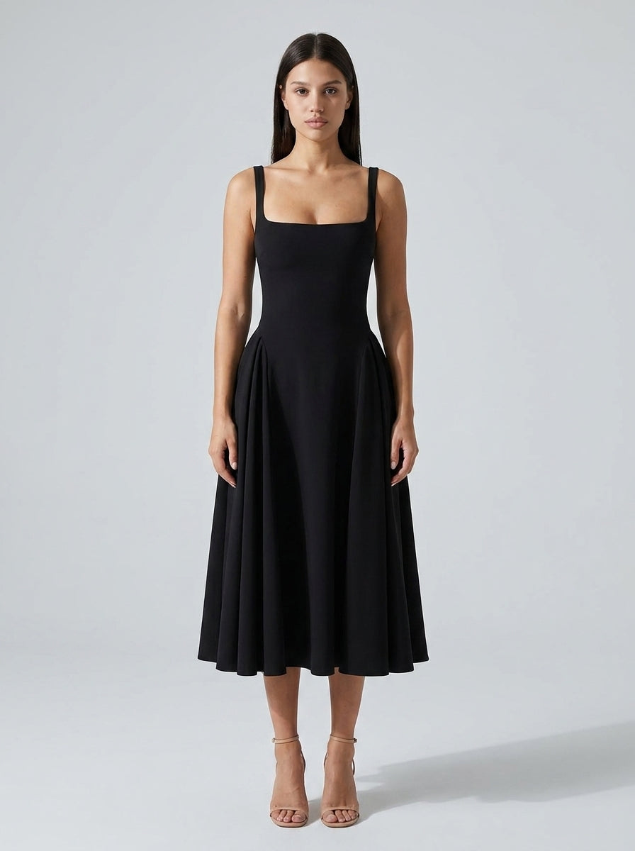 Romy Square Neck Sleeveless A Line Midi Dress in Black