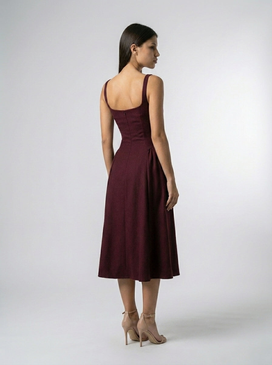 Romy Square Neck Sleeveless A Line Midi Dress in Burgundy