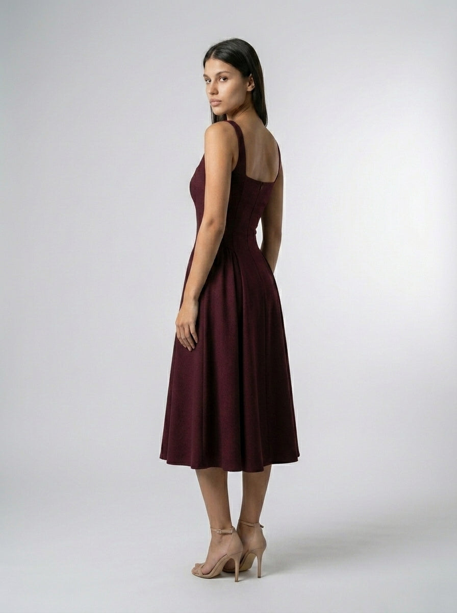 Romy Square Neck Sleeveless A Line Midi Dress in Burgundy