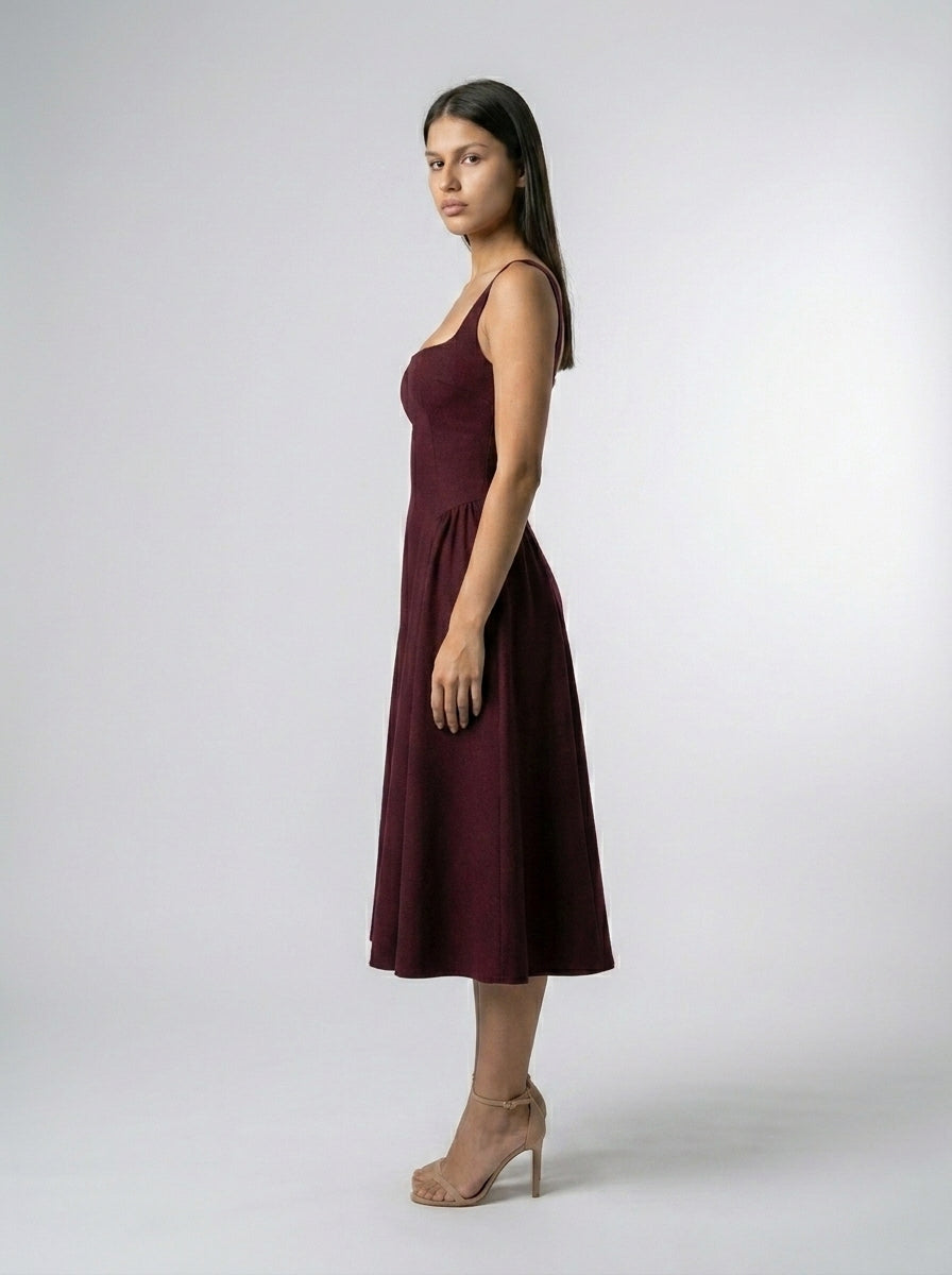 Romy Square Neck Sleeveless A Line Midi Dress in Burgundy