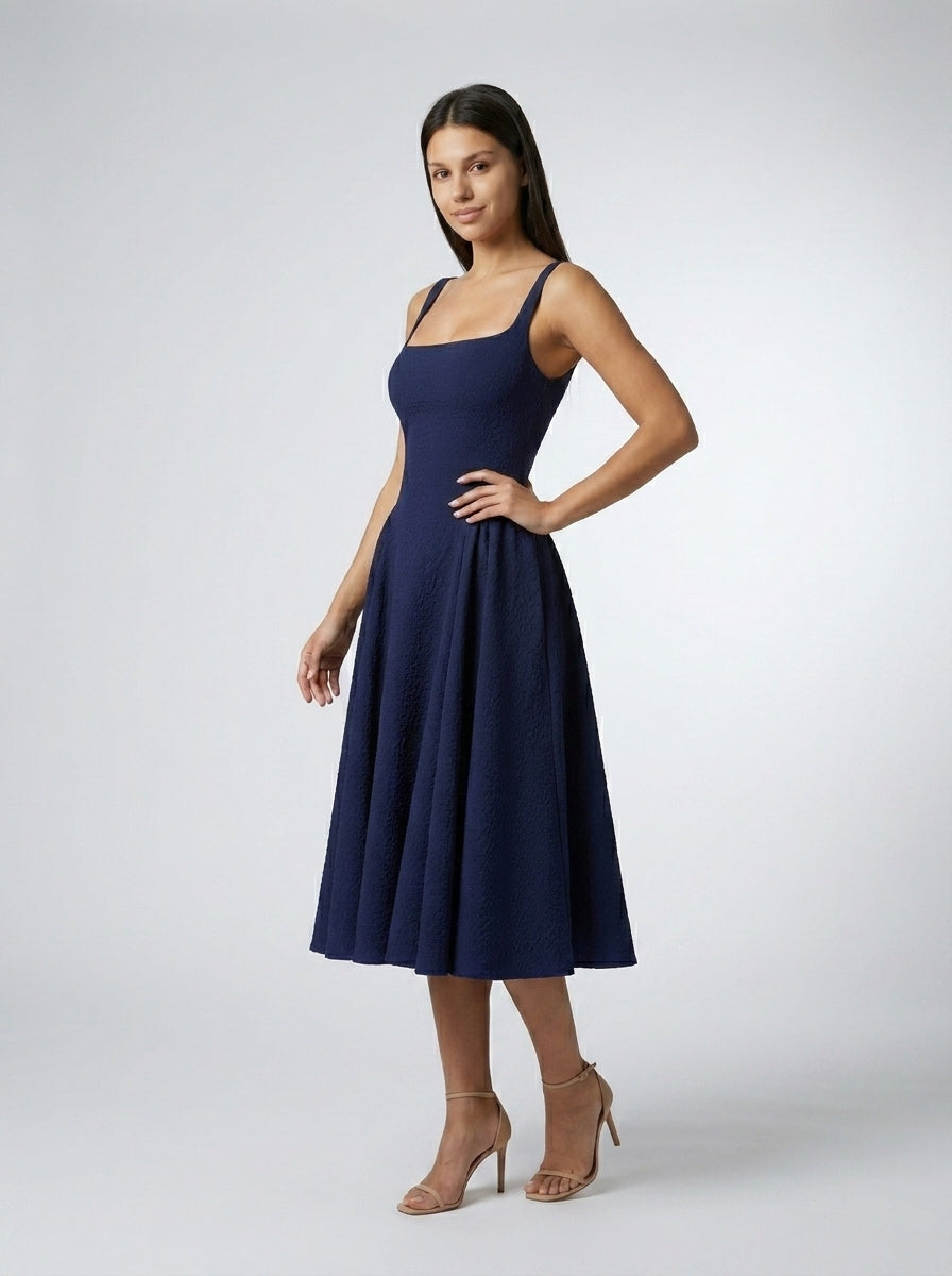 Romy Square Neck Sleeveless A Line Midi Dress in Navy