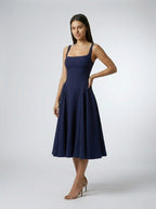 Romy Square Neck Sleeveless A Line Midi Dress in Navy