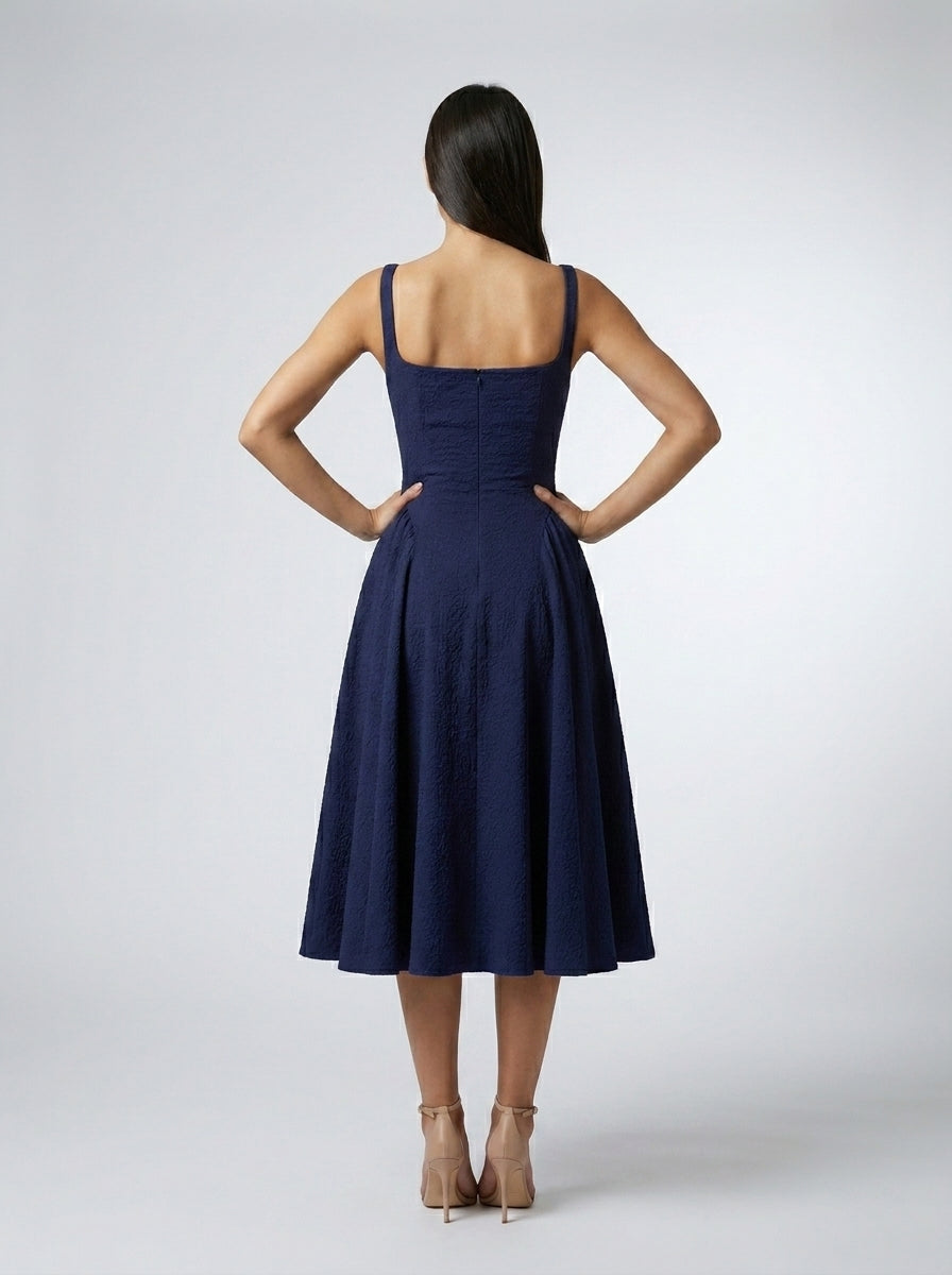Romy Square Neck Sleeveless A Line Midi Dress in Navy
