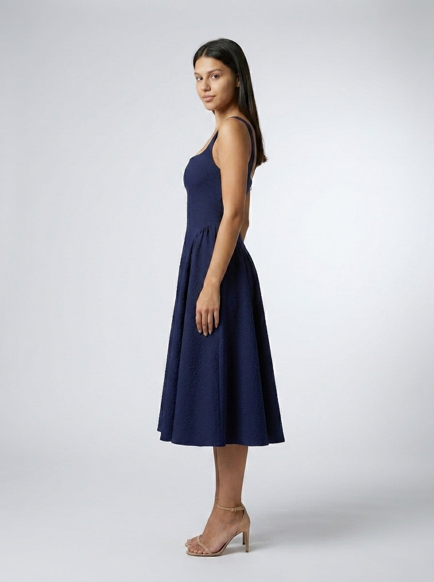 Romy Square Neck Sleeveless A Line Midi Dress in Navy