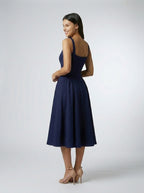 Romy Square Neck Sleeveless A Line Midi Dress in Navy