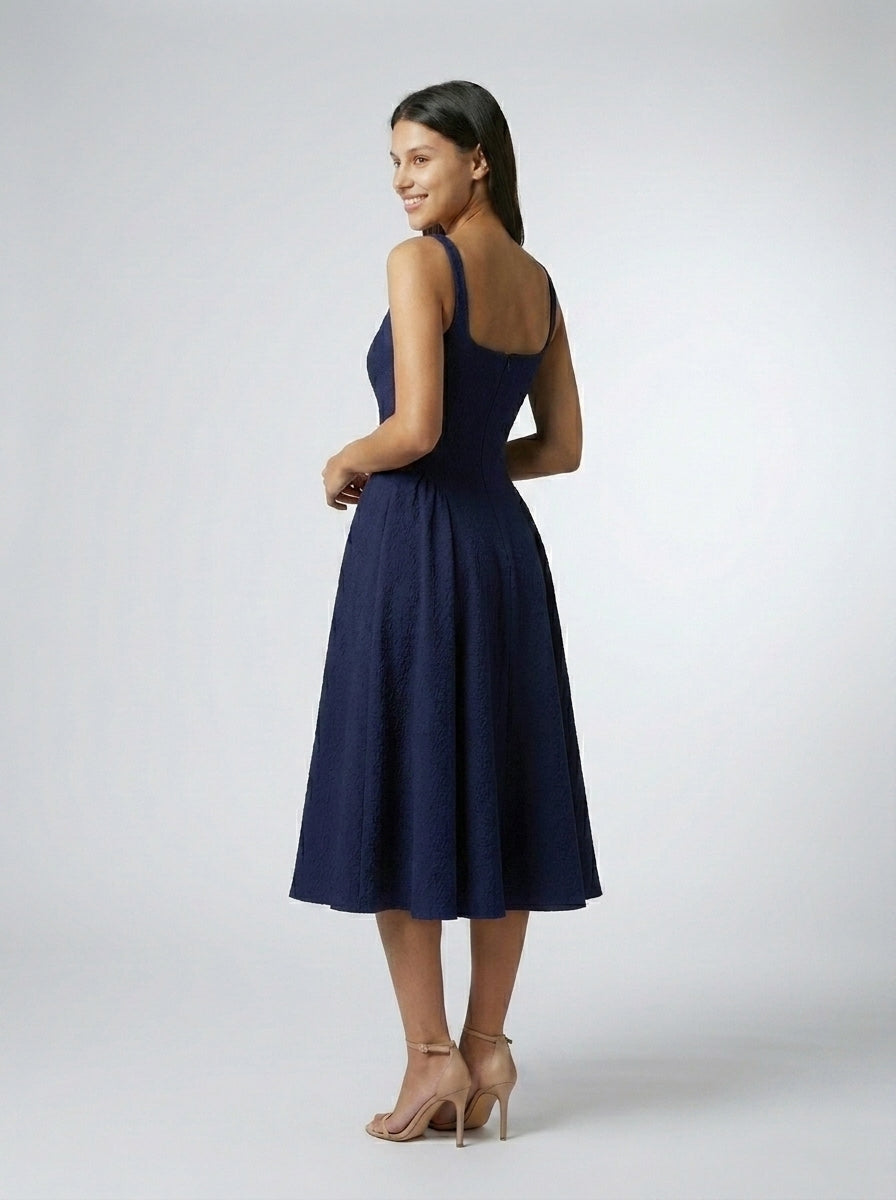 Romy Square Neck Sleeveless A Line Midi Dress in Navy