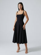Romy Square Neck Sleeveless A Line Midi Dress in Black