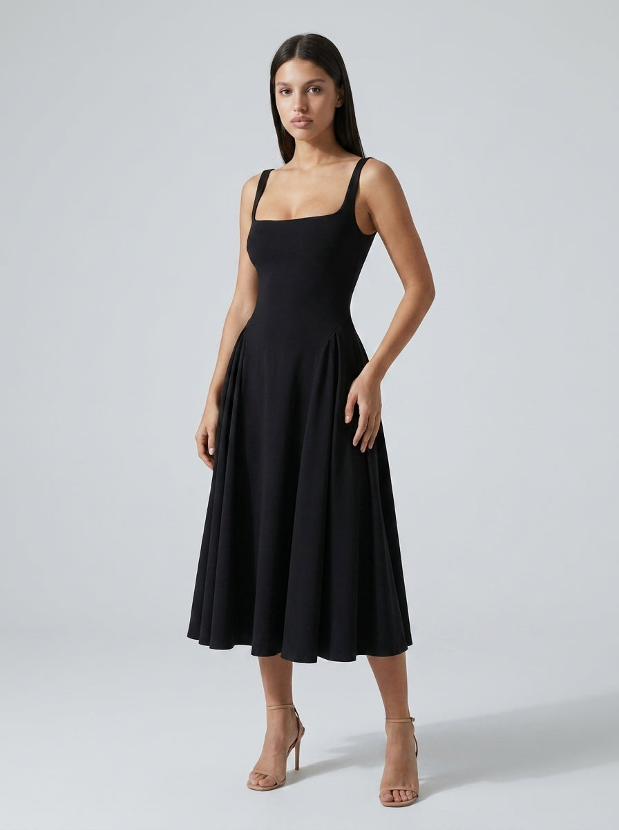 Romy Square Neck Sleeveless A Line Midi Dress in Black