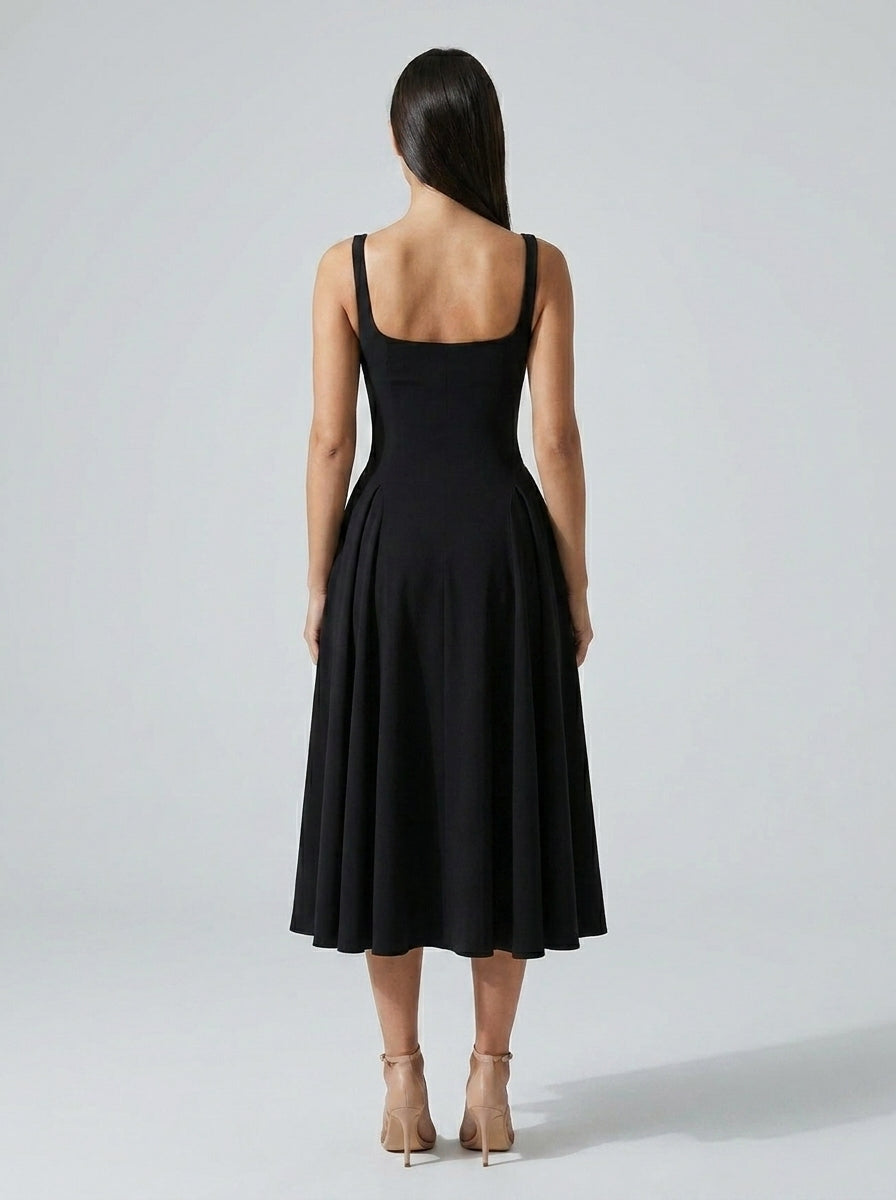 Romy Square Neck Sleeveless A Line Midi Dress in Black