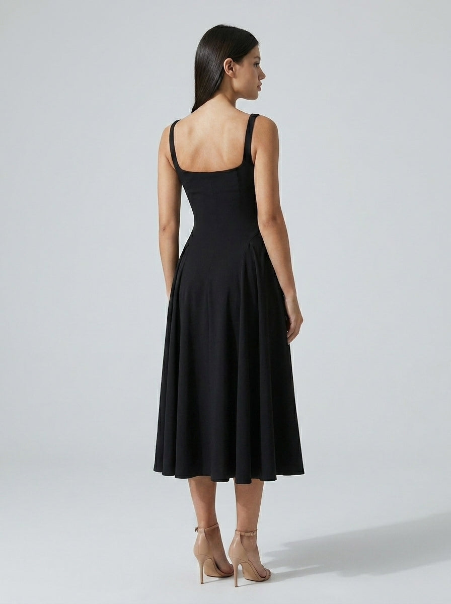 Romy Square Neck Sleeveless A Line Midi Dress in Black