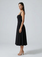 Romy Square Neck Sleeveless A Line Midi Dress in Black