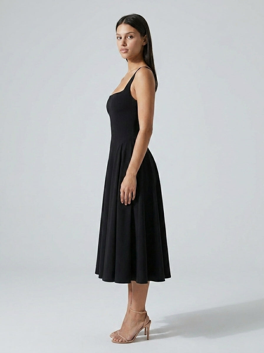Romy Square Neck Sleeveless A Line Midi Dress in Black