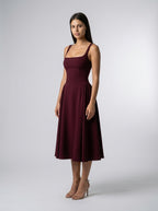Romy Square Neck Sleeveless A Line Midi Dress in Burgundy