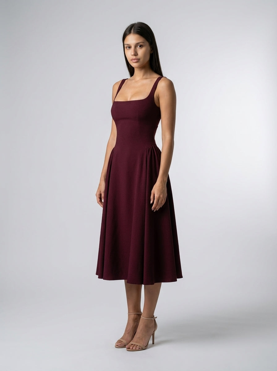 Romy Square Neck Sleeveless A Line Midi Dress in Burgundy