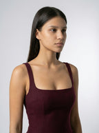 Romy Square Neck Sleeveless A Line Midi Dress in Burgundy