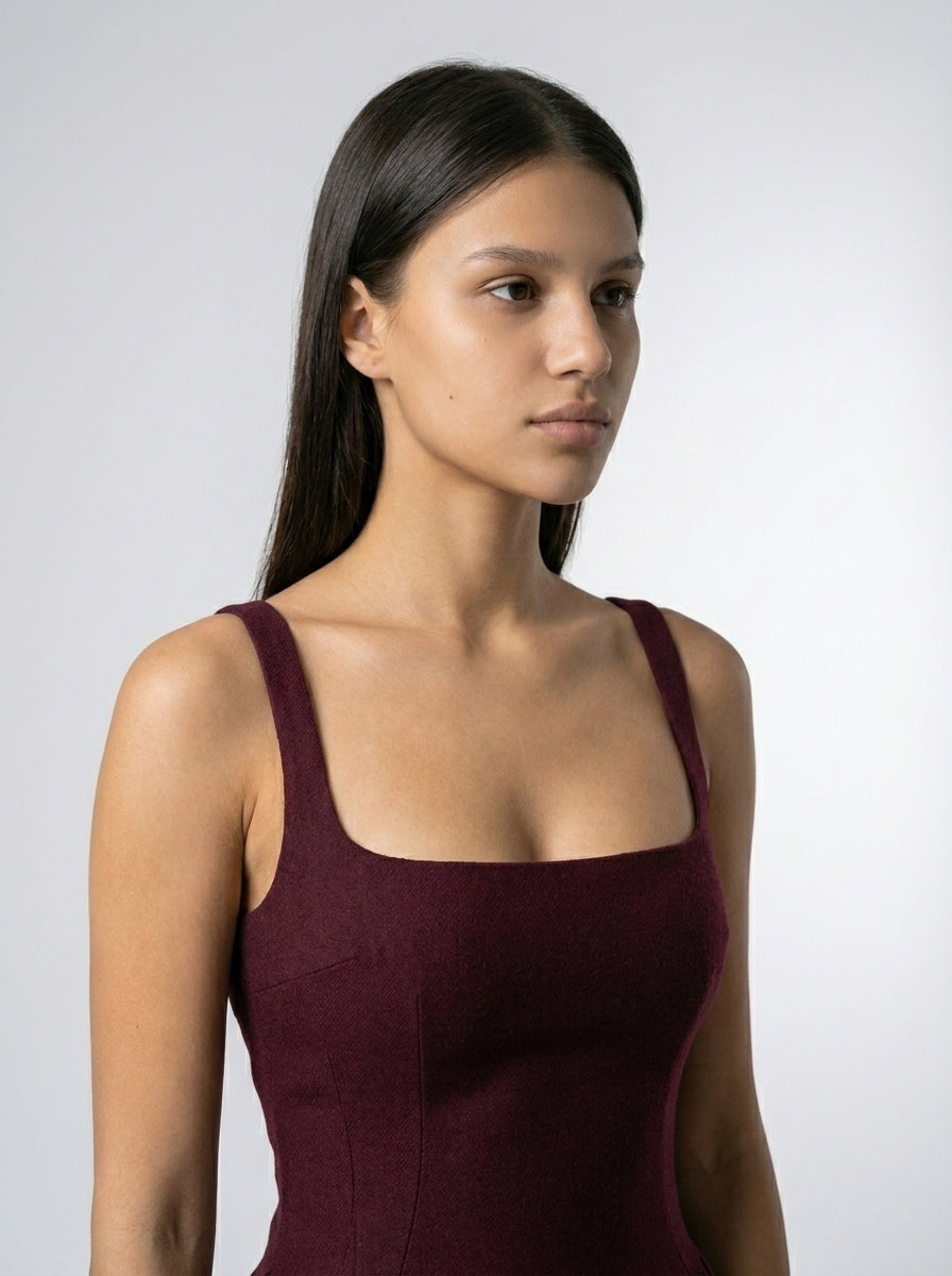 Romy Square Neck Sleeveless A Line Midi Dress in Burgundy