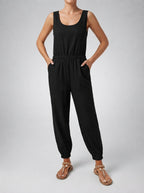 Cosima Round Neck Sleeveless Jumpsuit with Pockets in Black