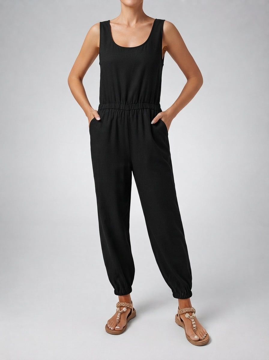 Cosima Round Neck Sleeveless Jumpsuit with Pockets in Black