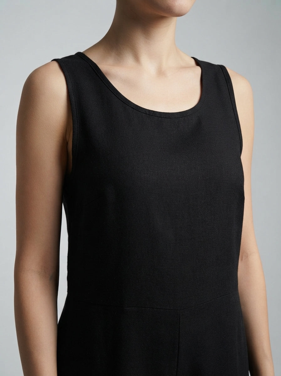 Cosima Round Neck Sleeveless Jumpsuit with Pockets in Black