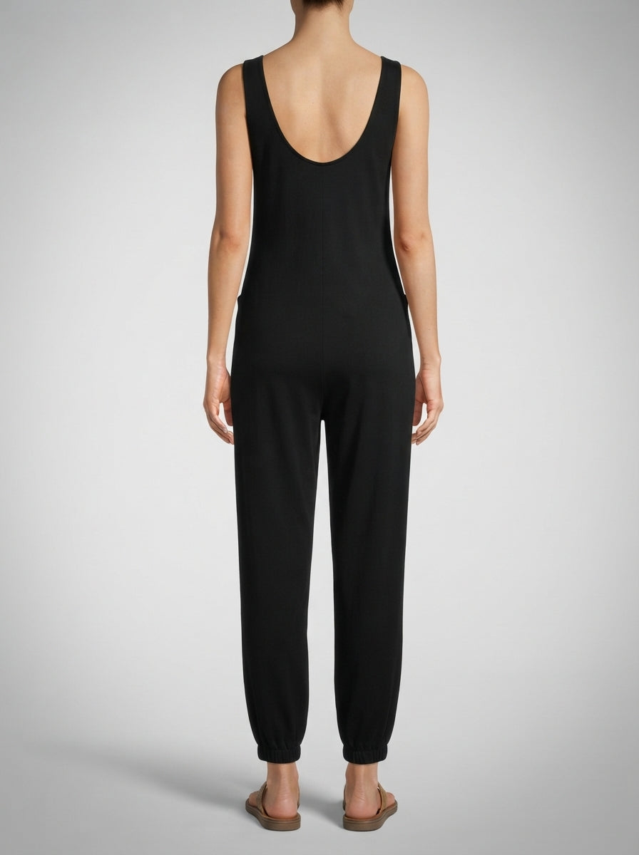 Cosima Round Neck Sleeveless Jumpsuit with Pockets in Black