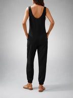 Cosima Round Neck Sleeveless Jumpsuit with Pockets in Black