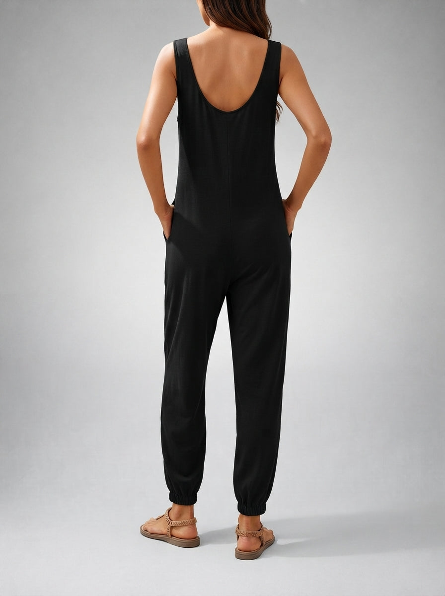 Cosima Round Neck Sleeveless Jumpsuit with Pockets in Black