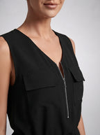 Mireille V-Neck Zip Front Sleeveless Playsuit in Black