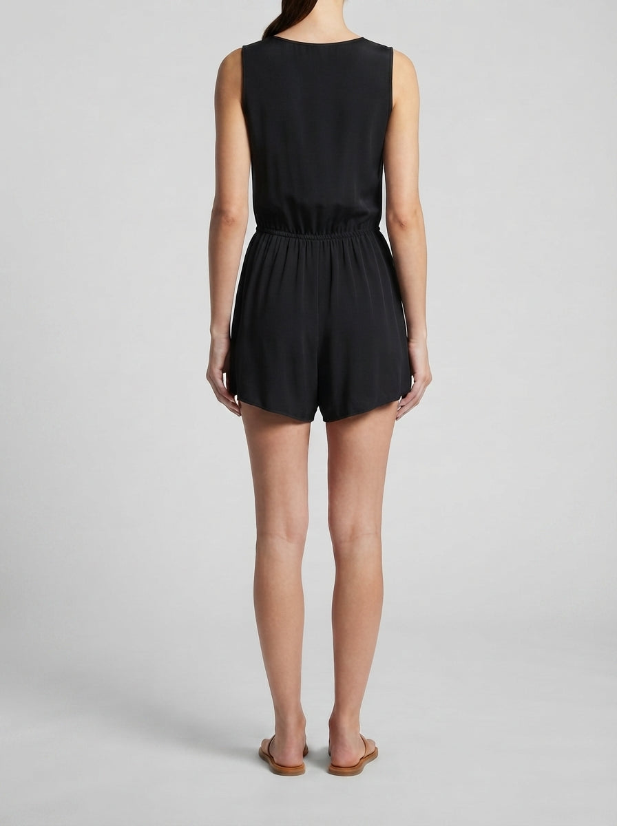 Mireille V-Neck Zip Front Sleeveless Playsuit in Black