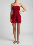 Lucienne Strapless Ruched Playsuit in Burgundy