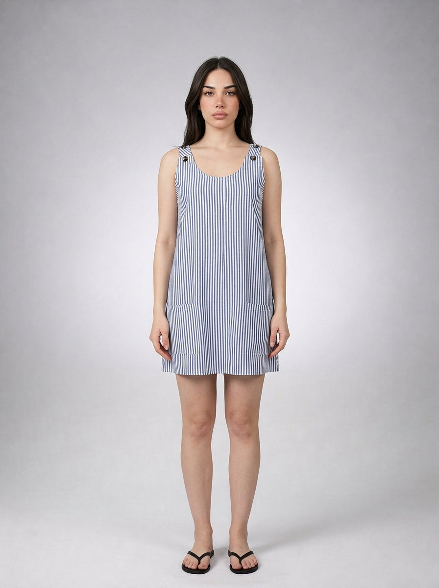 Anouk Striped Scoop Neck A Line Midi Dress in Blue