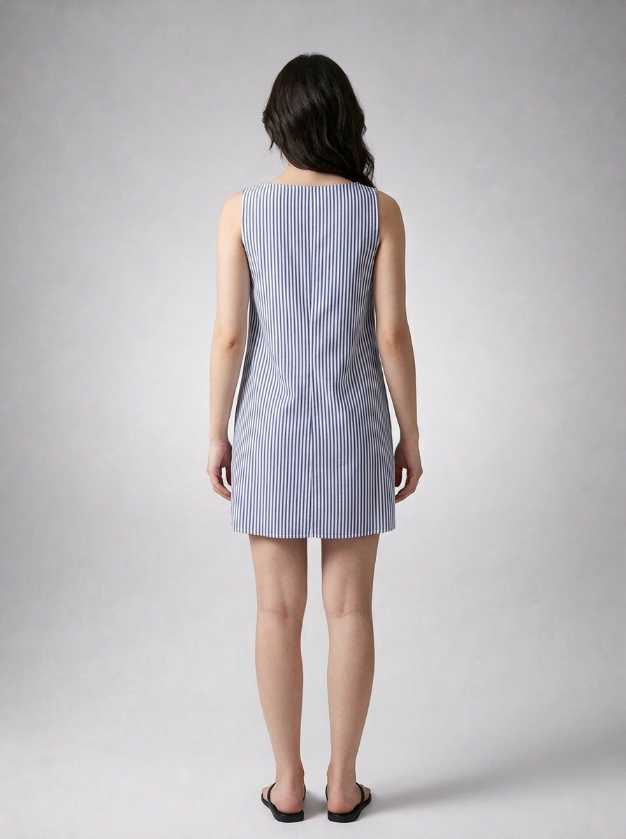 Anouk Striped Scoop Neck A Line Midi Dress in Blue