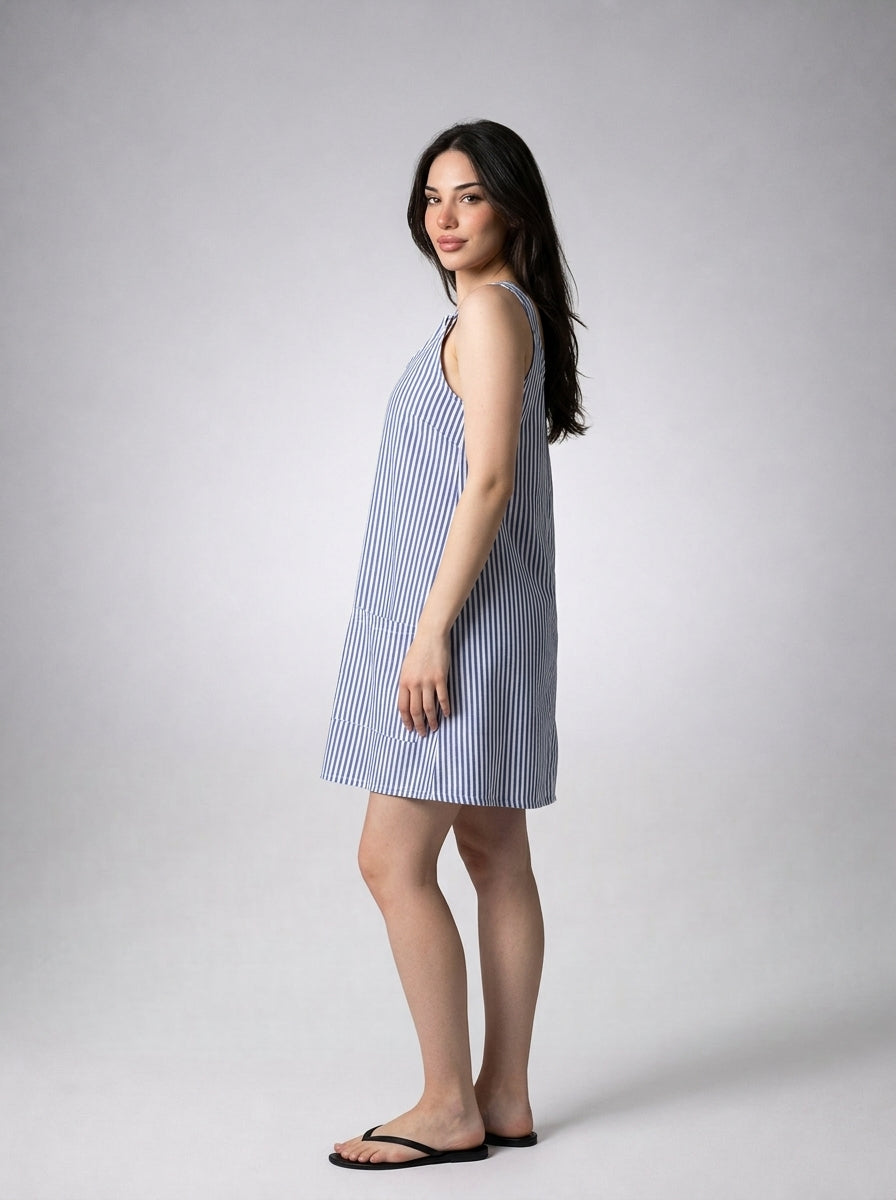 Anouk Striped Scoop Neck A Line Midi Dress in Blue