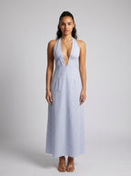 Mirabel Striped Halter V Neck Maxi Dress in Light Blue