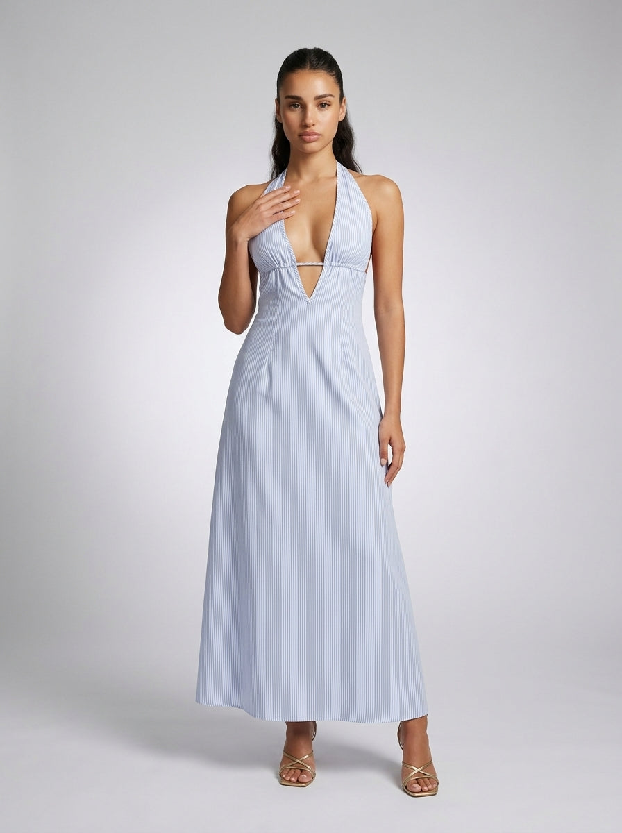 Mirabel Striped Halter V Neck Maxi Dress in Light Blue