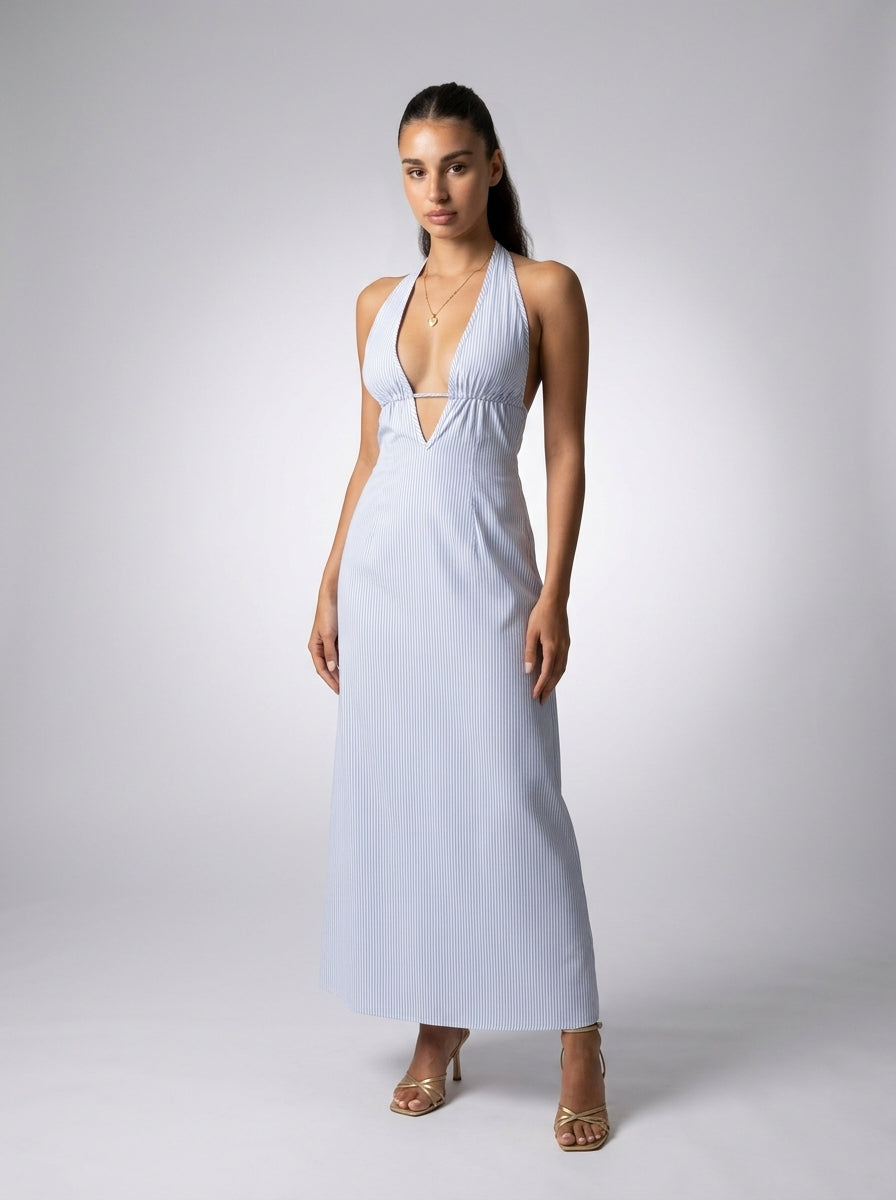 Mirabel Striped Halter V Neck Maxi Dress in Light Blue