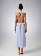 Mirabel Striped Halter V Neck Maxi Dress in Light Blue